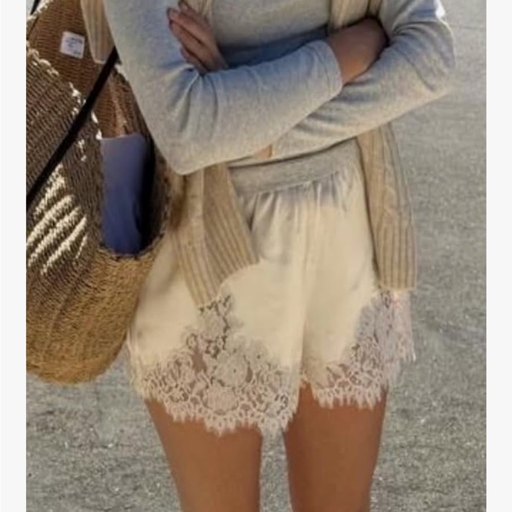 Women's Cream Lace Trim Satin Shorts